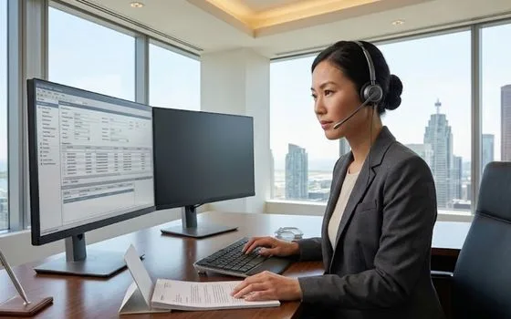 Data entry clerk at computer with documents. Clean desk, focused