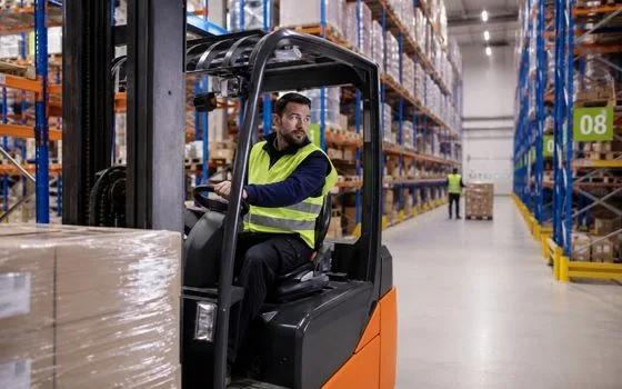 Forklift operator moving pallets in a warehouse