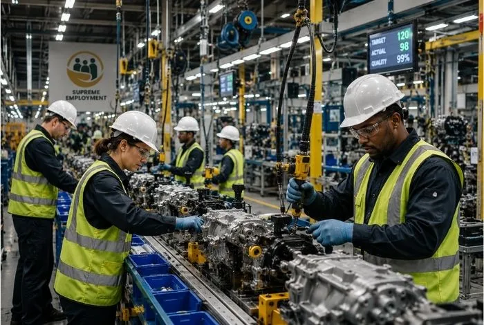 Assembly line workers at a Brampton manufacturing plant
