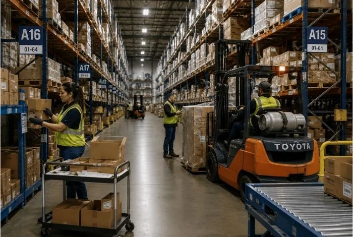 Warehouse associates picking orders in a GTA distribution centre